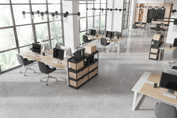 Top view of office interior with meeting and coworking near panoramic window