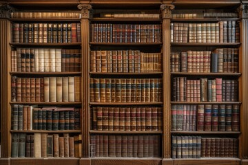 Classic Shelves. Books on Classic Oak Shelves in Library or Study with Exquisite Hardback Leather Bound Reference Books in Mahogany Wood