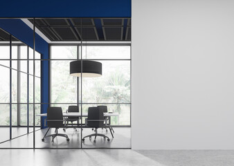 White and blue office board room interior with blank wall