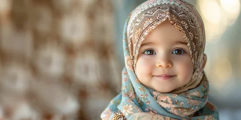 Foto op Plexiglas Banner with small cute arab baby girl in hijab and place for text. © Banners