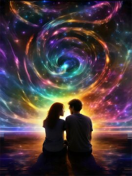 Silhouette of a man and a woman together looking at the starry sky and colorful swirling cosmos. Romance love future eternal love concepts