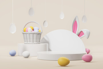 Colorful easter eggs in white basket, mock up podium for product display