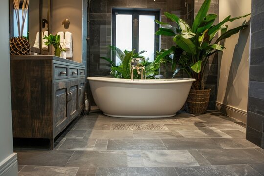 A spacious, luxury bathroom with large, slate gray tiles and a freestanding bathtub. 