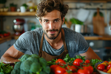 Young fit man having healthy breakfast at home, with a lot of fresh vegetables on kitchen table