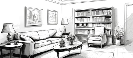 A black and white sketch of a living room featuring two couches and a coffee table. The interior illustration is detailed, showcasing the arrangement of furniture in a realistic manner.