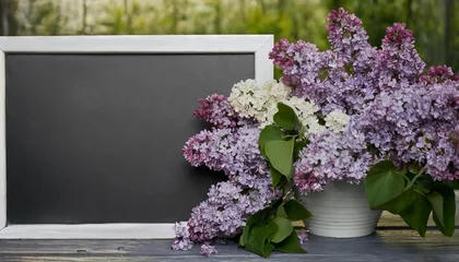 Tuinposter Spring background with lilac bouquet and chalkboard © Monika