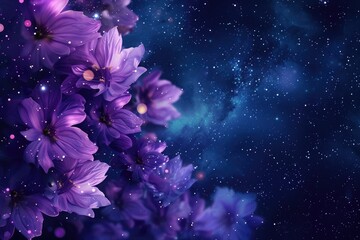Abstract background with violet flowers and starry night sky. 8k