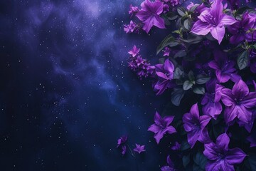 Abstract background with violet flowers and starry night sky. 8k
