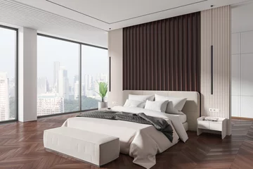 Foto op Plexiglas White and brown master bedroom corner with window © ImageFlow