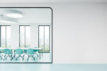 Stylish office room interior with meeting table, panoramic window. Mock up wall