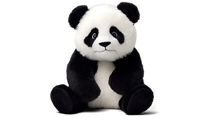 An adorable panda stuffed toy, with its black and white fur, sitting contentedly on a spotless white background