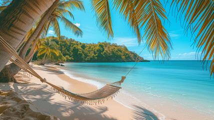Fototapeta na wymiar Tropical beach panorama as summer relax landscape with beach swing or hammock hang on palm tree over white sand ocean beach