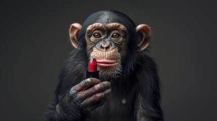 The monkey is holding red lipstick in his hands. Parody of a beauty ad with a chimpadzee