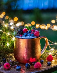 Midsummer Night's Mule: A captivating scene with a Moscow Mule served in a glistening frosted mug, adorned with vibrant blueberries and raspberries, set against a backdrop of twinkling lights.