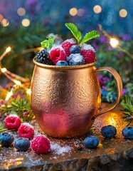 Midsummer Night's Mule: A captivating scene with a Moscow Mule served in a glistening frosted mug, adorned with vibrant blueberries and raspberries, set against a backdrop of twinkling lights.