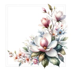 Obraz na płótnie Canvas Watercolor painting of Magnolia flowers and botanical elements for corner and border invitation