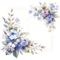 Watercolor painting of Periwinkle flowers and botanical elements for corner and border invitation