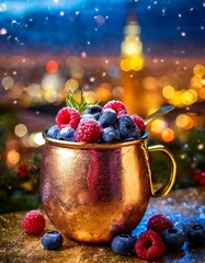Midsummer Night's Mule: A captivating scene with a Moscow Mule served in a glistening frosted mug, adorned with vibrant blueberries and raspberries, set against a backdrop of twinkling city lights.