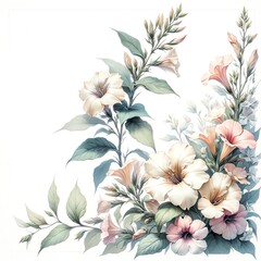 Watercolor painting of Nicotiana flowers and botanical elements for corner and border invitation