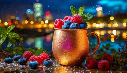Midsummer Night's Mule: A captivating scene with a Moscow Mule served in a glistening frosted mug, adorned with vibrant blueberries and raspberries, set against a backdrop of twinkling city lights.