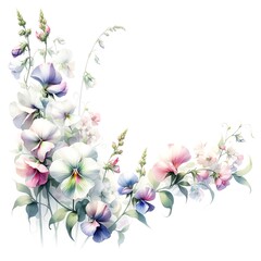 Watercolor painting of Sweet Pea flowers and botanical elements for corner and border invitation