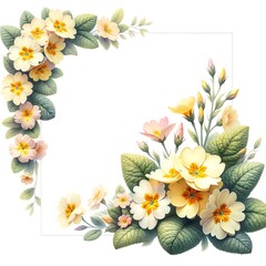 Obraz premium Watercolor painting of Yellow Primrose flowers and botanical elements for corner and border invitation