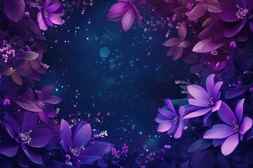 Abstract background with purple flowers and starry night sky. 8k
