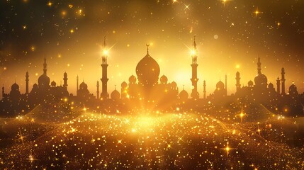 Dazzling ramadan kareem: stunning mosque silhouette aglow with gold glitter and brilliant stars

 - obrazy, fototapety, plakaty