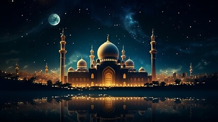 Fototapeta premium Dazzling ramadan kareem: mesmerizing mosque silhouette amidst gilded glitter and radiant stars