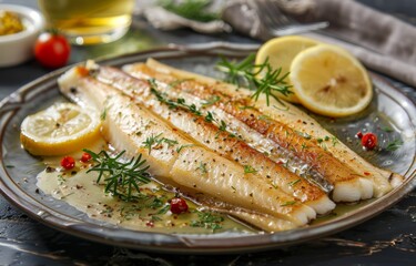 Freshly Cooked Belgian Sole Meuni&egrave;re with Lemon and Rosemary &ndash; Gourmet Seafood Cuisine Close-Up