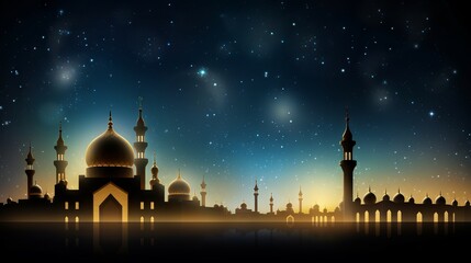 Dazzling ramadan kareem: mesmerizing mosque silhouette amidst gilded glitter and radiant stars

