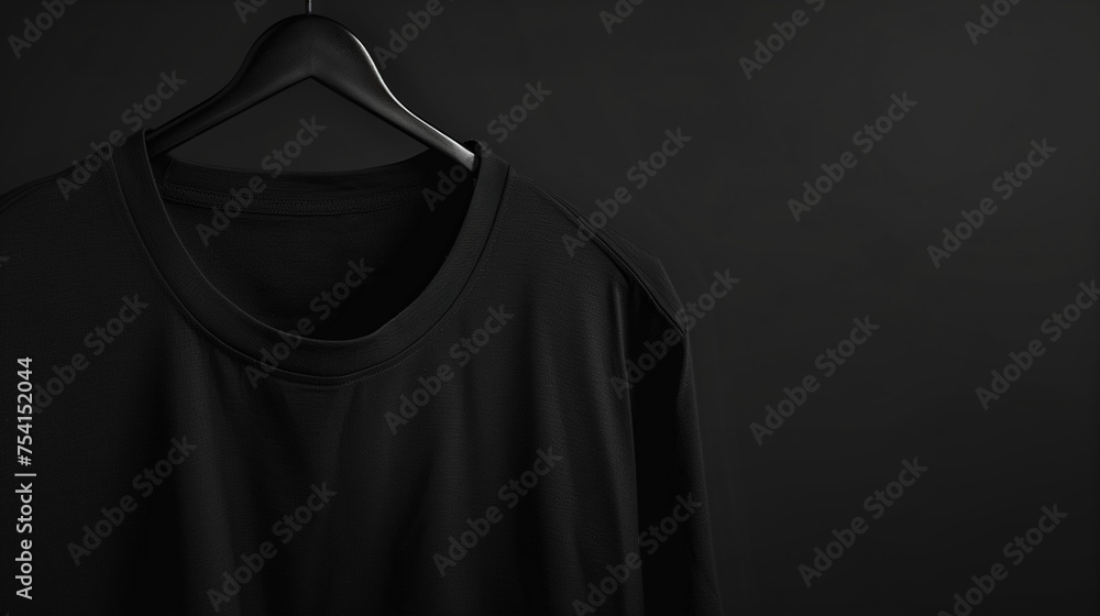 Wall mural A plain black t-shirt hanging on a hanger, the smooth and neat folds clearly visible, accompanied by a touch of soft light that shows the texture of the fabric, Ai generated Images