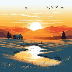 A peaceful countryside sunset vector illustration