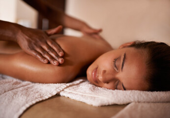 Hands, woman and sleep at spa for massage, wellness and skin care for back, chiropractic therapy or...