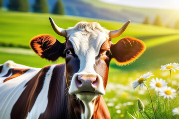 Cow on a pasture with green grass and summer flowers on a sunny day. Farm animal looks at the camera in countryside, grazing in a meadow. Animals husbandry, agriculture, grazing, farming. Close-up.