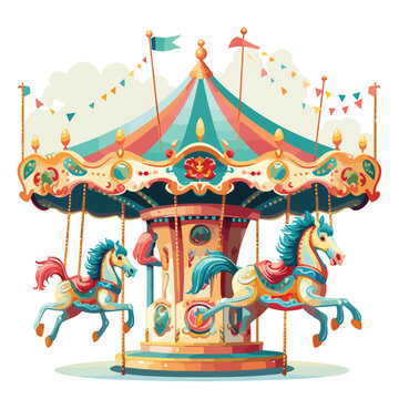 A whimsical carousel with horses. vector illustration