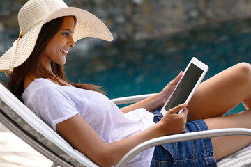 Holiday, vacation and woman at pool with tablet, hat and relax with happy summer travel on hotel...
