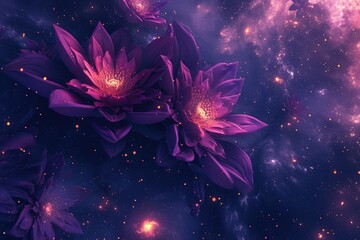 Abstract background with magenta flowers and starry night sky. 8k