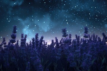 Abstract background with lavender flowers and starry night sky. 8k