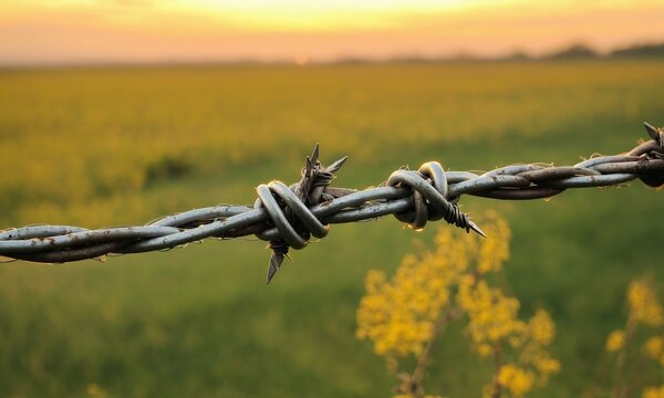 Barbed wire on a green field at sunset, close-up - Powered by Adobe