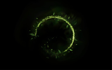 Design element in the form of flying green or emerald comets, wind, dust. Evocation of ecology, purity, nature.  Pleasant air, perfume, aroma, floral dust. Vector illustration.