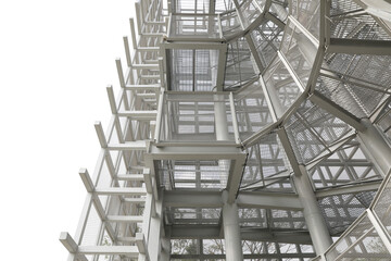 White steel frame structure with surrounding walls are lined with steel grids inside tha Bird Watch...
