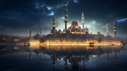 Fototapeta na wymiar Vibrant ramadan kareem mosque greeting: embrace the spirit of ramadan with this stunning cultural image