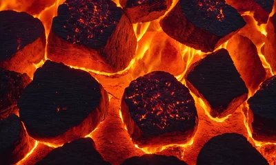 Wandaufkleber Burning coals in a fireplace, close-up. Background © Andrey