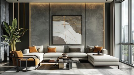 Luxurious marble wall with a sleek armchair adding a dash of color to the sophisticated space.