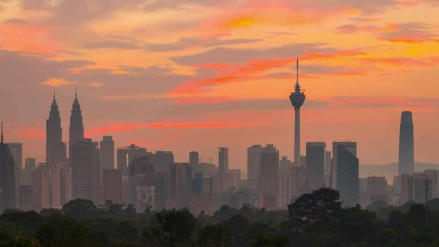 4K Time lapse Sunrise, Night to Day Scene of Kuala Lumpur Skyline with Petronas Twin Tower and KL Tower