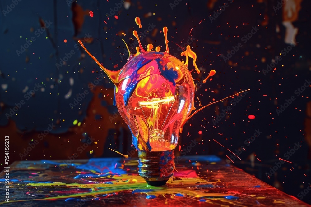 Poster an image showcasing a neon glowing light bulb as it explodes, sending neon paint splatters in all di