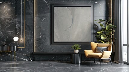 Luxurious marble wall with a sleek armchair adding a dash of color to the sophisticated space.
