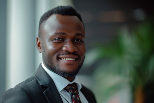 Portrait of a handsome smiling African American businessman in suit at office workplace, professional confident looking young business man at office, positive looking executive manager wearing blazer