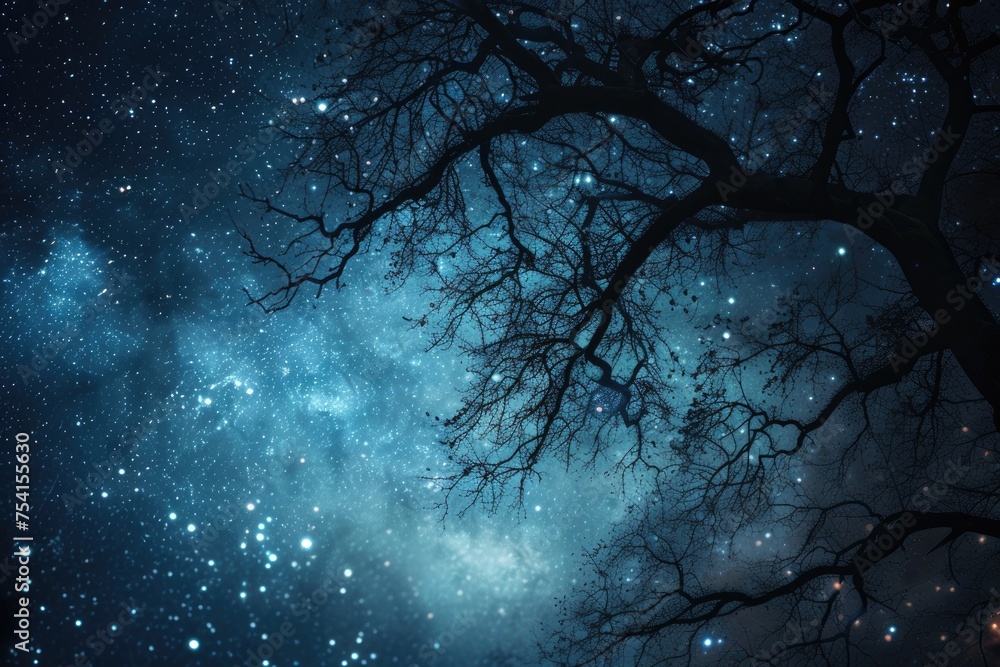 Wall mural Night sky with stars and nebula and tree.